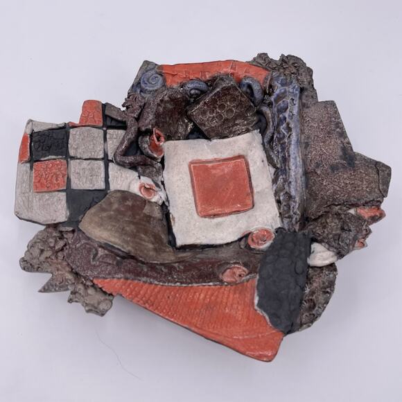 Unique Decorative Bowl Handmade Mixed Media Art Dish Tray Multicolor Orange Gray - Picture 13 of 16